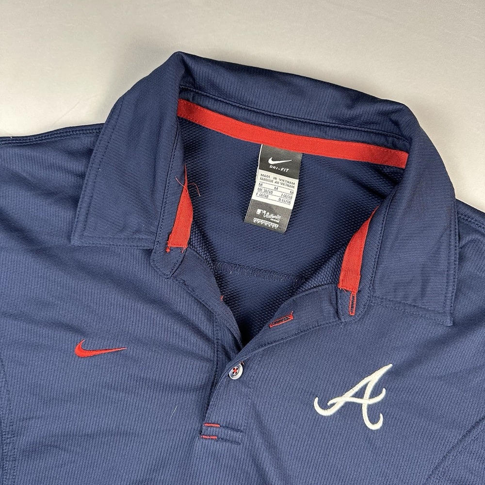 Nike Atlanta Braves Men's Medium MLB Authentic Polo Shirt Dri-Fit Navy Blue Tech